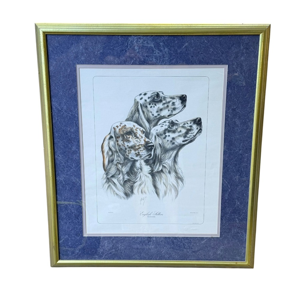 Vintage G Reggio English Setters Lithograph Art Gold Frame Blue Mat 22x25.5